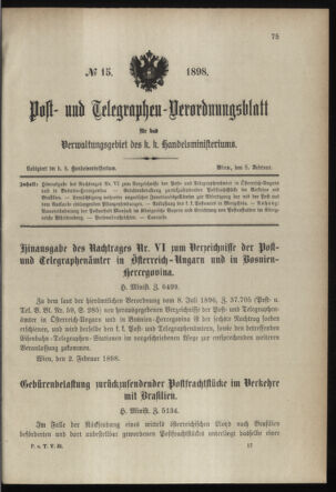 Post- und Telegraphen-Verordnungsblatt für das Verwaltungsgebiet des K.-K. Handelsministeriums 18980208 Seite: 1