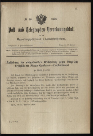 Post- und Telegraphen-Verordnungsblatt für das Verwaltungsgebiet des K.-K. Handelsministeriums 18980217 Seite: 1