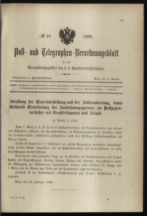 Post- und Telegraphen-Verordnungsblatt für das Verwaltungsgebiet des K.-K. Handelsministeriums 18980221 Seite: 1