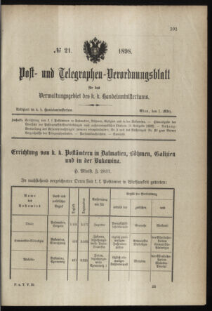 Post- und Telegraphen-Verordnungsblatt für das Verwaltungsgebiet des K.-K. Handelsministeriums 18980301 Seite: 1