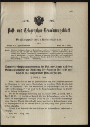 Post- und Telegraphen-Verordnungsblatt für das Verwaltungsgebiet des K.-K. Handelsministeriums 18980311 Seite: 1