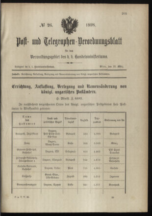 Post- und Telegraphen-Verordnungsblatt für das Verwaltungsgebiet des K.-K. Handelsministeriums 18980315 Seite: 1