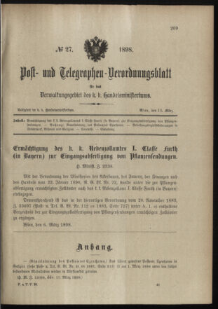 Post- und Telegraphen-Verordnungsblatt für das Verwaltungsgebiet des K.-K. Handelsministeriums 18980318 Seite: 1