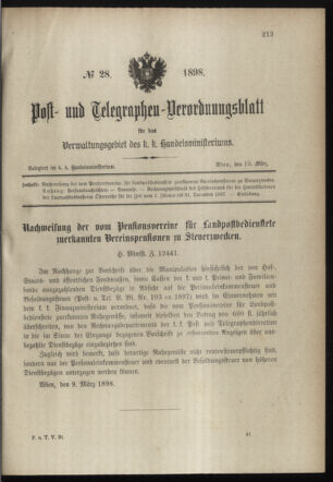 Post- und Telegraphen-Verordnungsblatt für das Verwaltungsgebiet des K.-K. Handelsministeriums 18980319 Seite: 1