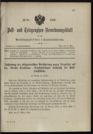 Post- und Telegraphen-Verordnungsblatt für das Verwaltungsgebiet des K.-K. Handelsministeriums 18980326 Seite: 1