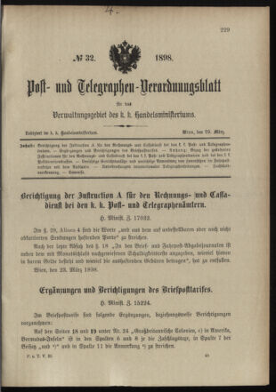 Post- und Telegraphen-Verordnungsblatt für das Verwaltungsgebiet des K.-K. Handelsministeriums 18980329 Seite: 1