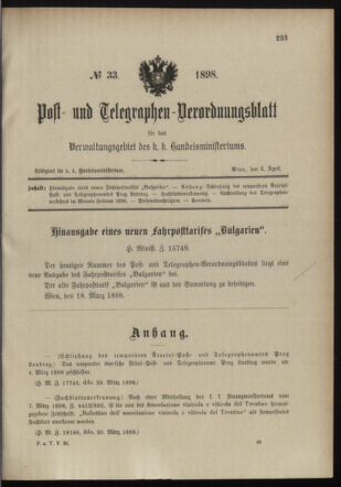 Post- und Telegraphen-Verordnungsblatt für das Verwaltungsgebiet des K.-K. Handelsministeriums 18980404 Seite: 1