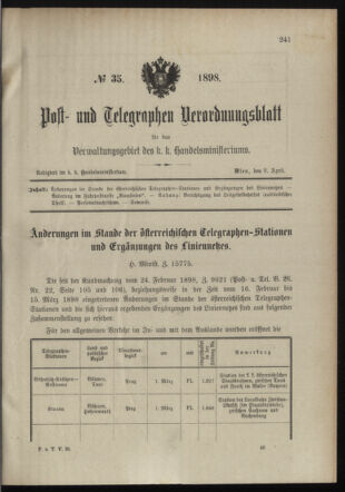 Post- und Telegraphen-Verordnungsblatt für das Verwaltungsgebiet des K.-K. Handelsministeriums 18980408 Seite: 1