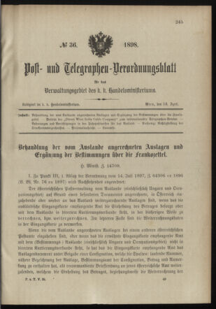 Post- und Telegraphen-Verordnungsblatt für das Verwaltungsgebiet des K.-K. Handelsministeriums 18980413 Seite: 1