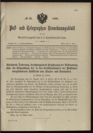 Post- und Telegraphen-Verordnungsblatt für das Verwaltungsgebiet des K.-K. Handelsministeriums 18980421 Seite: 1