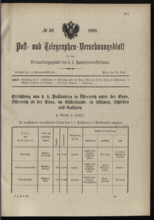 Post- und Telegraphen-Verordnungsblatt für das Verwaltungsgebiet des K.-K. Handelsministeriums 18980423 Seite: 1