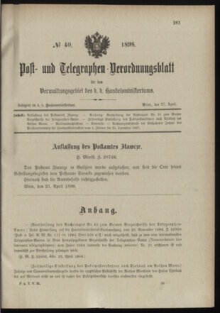 Post- und Telegraphen-Verordnungsblatt für das Verwaltungsgebiet des K.-K. Handelsministeriums 18980427 Seite: 1