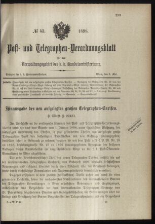 Post- und Telegraphen-Verordnungsblatt für das Verwaltungsgebiet des K.-K. Handelsministeriums 18980503 Seite: 1