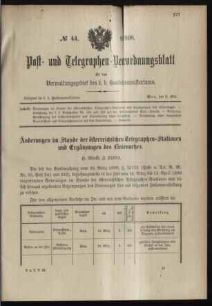 Post- und Telegraphen-Verordnungsblatt für das Verwaltungsgebiet des K.-K. Handelsministeriums 18980505 Seite: 1