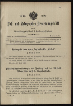 Post- und Telegraphen-Verordnungsblatt für das Verwaltungsgebiet des K.-K. Handelsministeriums 18980509 Seite: 1