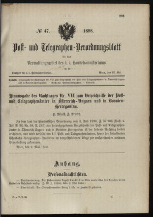 Post- und Telegraphen-Verordnungsblatt für das Verwaltungsgebiet des K.-K. Handelsministeriums 18980513 Seite: 1