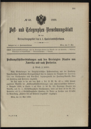 Post- und Telegraphen-Verordnungsblatt für das Verwaltungsgebiet des K.-K. Handelsministeriums 18980517 Seite: 1