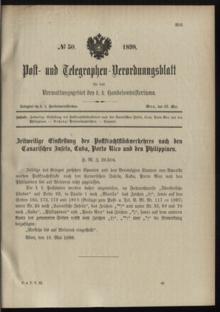 Post- und Telegraphen-Verordnungsblatt für das Verwaltungsgebiet des K.-K. Handelsministeriums 18980523 Seite: 1