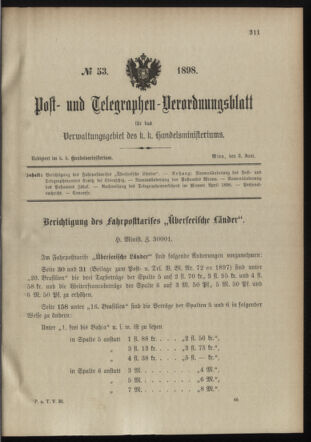 Post- und Telegraphen-Verordnungsblatt für das Verwaltungsgebiet des K.-K. Handelsministeriums 18980603 Seite: 1