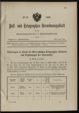 Post- und Telegraphen-Verordnungsblatt für das Verwaltungsgebiet des K.-K. Handelsministeriums 18980606 Seite: 1