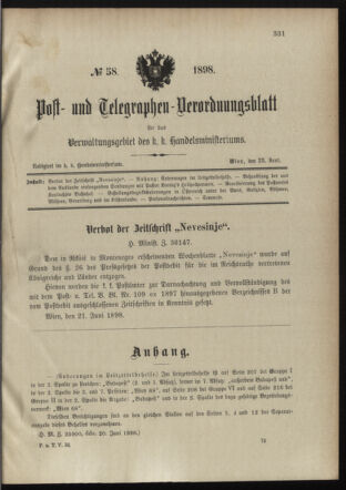 Post- und Telegraphen-Verordnungsblatt für das Verwaltungsgebiet des K.-K. Handelsministeriums 18980623 Seite: 1