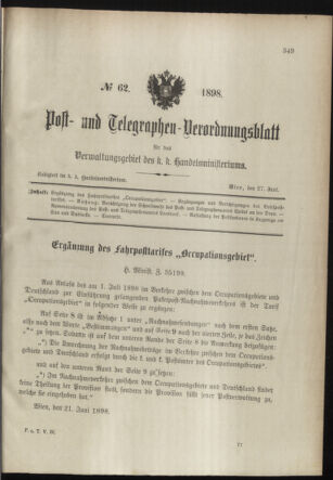 Post- und Telegraphen-Verordnungsblatt für das Verwaltungsgebiet des K.-K. Handelsministeriums 18980627 Seite: 1