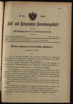 Post- und Telegraphen-Verordnungsblatt für das Verwaltungsgebiet des K.-K. Handelsministeriums 18980701 Seite: 1