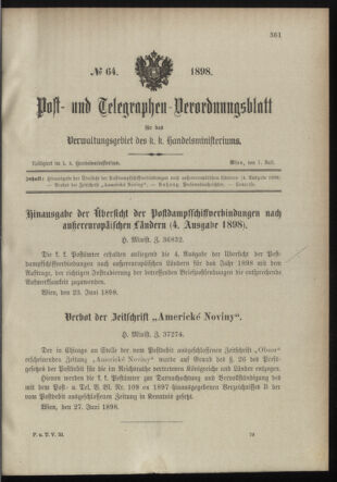 Post- und Telegraphen-Verordnungsblatt für das Verwaltungsgebiet des K.-K. Handelsministeriums 18980701 Seite: 9