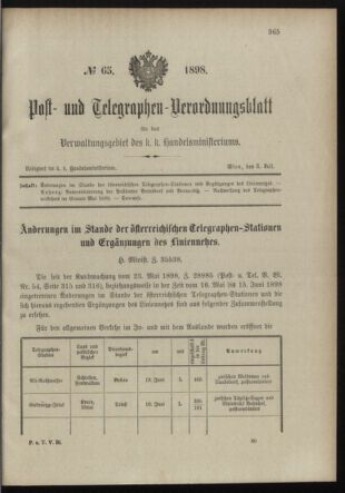 Post- und Telegraphen-Verordnungsblatt für das Verwaltungsgebiet des K.-K. Handelsministeriums 18980705 Seite: 1