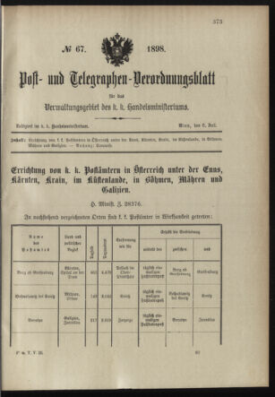 Post- und Telegraphen-Verordnungsblatt für das Verwaltungsgebiet des K.-K. Handelsministeriums 18980706 Seite: 101