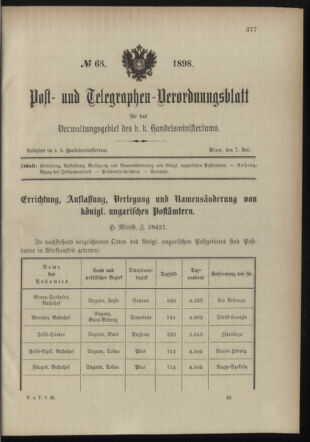 Post- und Telegraphen-Verordnungsblatt für das Verwaltungsgebiet des K.-K. Handelsministeriums 18980707 Seite: 1