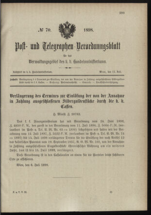 Post- und Telegraphen-Verordnungsblatt für das Verwaltungsgebiet des K.-K. Handelsministeriums 18980715 Seite: 1