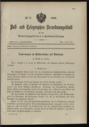 Post- und Telegraphen-Verordnungsblatt für das Verwaltungsgebiet des K.-K. Handelsministeriums 18980718 Seite: 1