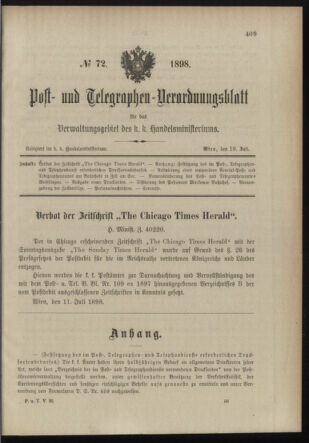 Post- und Telegraphen-Verordnungsblatt für das Verwaltungsgebiet des K.-K. Handelsministeriums 18980719 Seite: 1