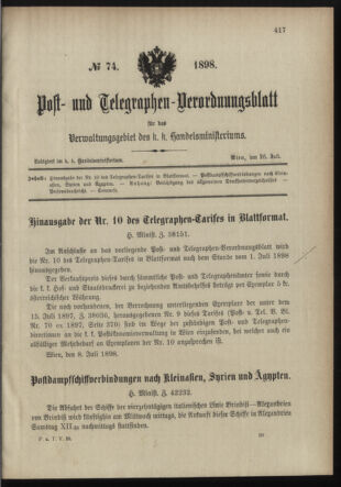 Post- und Telegraphen-Verordnungsblatt für das Verwaltungsgebiet des K.-K. Handelsministeriums