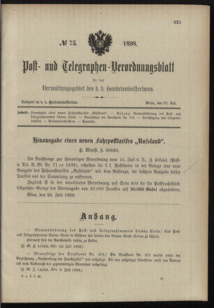 Post- und Telegraphen-Verordnungsblatt für das Verwaltungsgebiet des K.-K. Handelsministeriums 18980730 Seite: 1