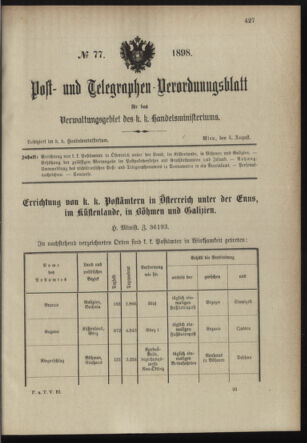 Post- und Telegraphen-Verordnungsblatt für das Verwaltungsgebiet des K.-K. Handelsministeriums 18980804 Seite: 1