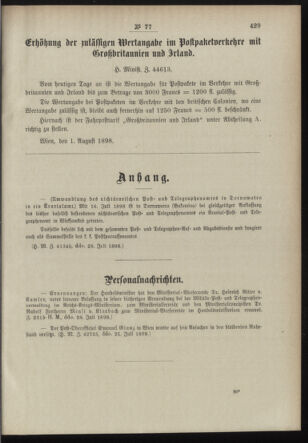 Post- und Telegraphen-Verordnungsblatt für das Verwaltungsgebiet des K.-K. Handelsministeriums 18980804 Seite: 3