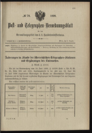 Post- und Telegraphen-Verordnungsblatt für das Verwaltungsgebiet des K.-K. Handelsministeriums 18980808 Seite: 1