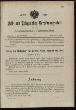 Post- und Telegraphen-Verordnungsblatt für das Verwaltungsgebiet des K.-K. Handelsministeriums 18980816 Seite: 1