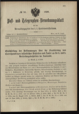 Post- und Telegraphen-Verordnungsblatt für das Verwaltungsgebiet des K.-K. Handelsministeriums 18980820 Seite: 1