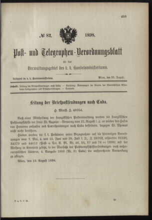 Post- und Telegraphen-Verordnungsblatt für das Verwaltungsgebiet des K.-K. Handelsministeriums 18980823 Seite: 1