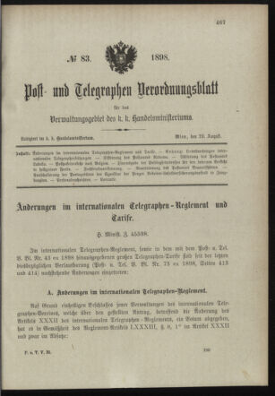 Post- und Telegraphen-Verordnungsblatt für das Verwaltungsgebiet des K.-K. Handelsministeriums 18980829 Seite: 1