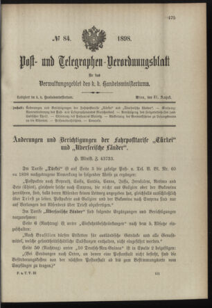 Post- und Telegraphen-Verordnungsblatt für das Verwaltungsgebiet des K.-K. Handelsministeriums 18980831 Seite: 1