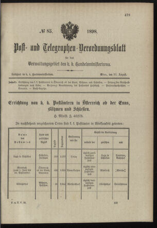 Post- und Telegraphen-Verordnungsblatt für das Verwaltungsgebiet des K.-K. Handelsministeriums 18980831 Seite: 9