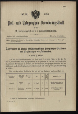 Post- und Telegraphen-Verordnungsblatt für das Verwaltungsgebiet des K.-K. Handelsministeriums 18980905 Seite: 1