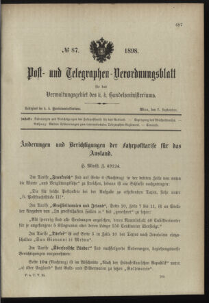 Post- und Telegraphen-Verordnungsblatt für das Verwaltungsgebiet des K.-K. Handelsministeriums 18980906 Seite: 1