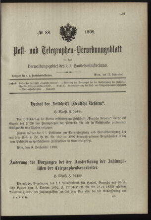 Post- und Telegraphen-Verordnungsblatt für das Verwaltungsgebiet des K.-K. Handelsministeriums 18980912 Seite: 1