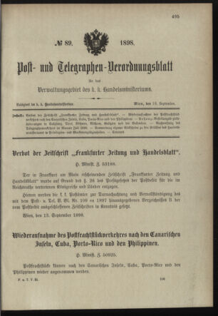 Post- und Telegraphen-Verordnungsblatt für das Verwaltungsgebiet des K.-K. Handelsministeriums 18980915 Seite: 1