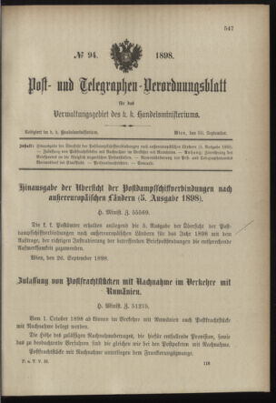 Post- und Telegraphen-Verordnungsblatt für das Verwaltungsgebiet des K.-K. Handelsministeriums 18980930 Seite: 1